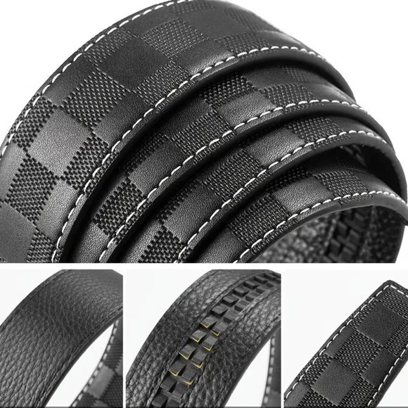 Men's Business Casual Leather Belt with Automatic Buckle and Checkerboar… - Picture 3 of 5